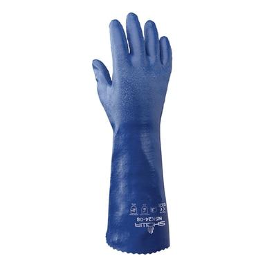 A pair of SHOWA NSK24 Biodegradable Chemical Gloves by Showa Best are displayed upright. These heavy-duty nitrile gloves come in blue, featuring a waterproof design and a textured surface. They boast an extended cuff with text and symbols near the wrist, likely emphasizing their Eco Best Technology or biodegradable features.