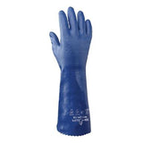 The SHOWA NSK24 Biodegradable Chemical Glove by Showa Best is a blue, heavy-duty rubber glove designed for industrial or chemical applications, featuring Eco Best Technology. This innovative glove is upright and partially textured, extending up the forearm with white printed symbols and text adorning its lower portion.