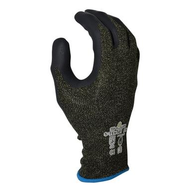 Each glove in the SHOWA S-TEX 581 set by Showa Best is a black and gray protective piece, featuring cut-resistant Hagane Coil Technology and a distinctive blue cuff. The textured surface on the back showcases logos and safety certification symbols, ensuring clear visibility. Designed with slightly curved fingers and positioned palm inward, these gloves provide dependable protection.