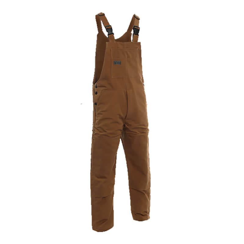 Introducing the NSA DRIFIRE FR Deluxe Insulated Bib by NSA, a pair of brown overalls designed for workwear. These overalls feature adjustable black straps and a front pocket, crafted from durable fabric that offers Dual Hazard Protection to ensure safety across various environments. The long legs provide ample coverage for added protection.