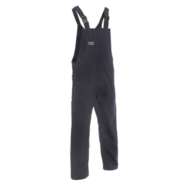 Navy overalls with adjustable straps and a front pocket, offering dual hazard protection. These NSA DRIFIRE FR Deluxe Insulated Bibs are crafted from durable material, making them ideal for both workwear and casual use. Displayed on a plain white background.