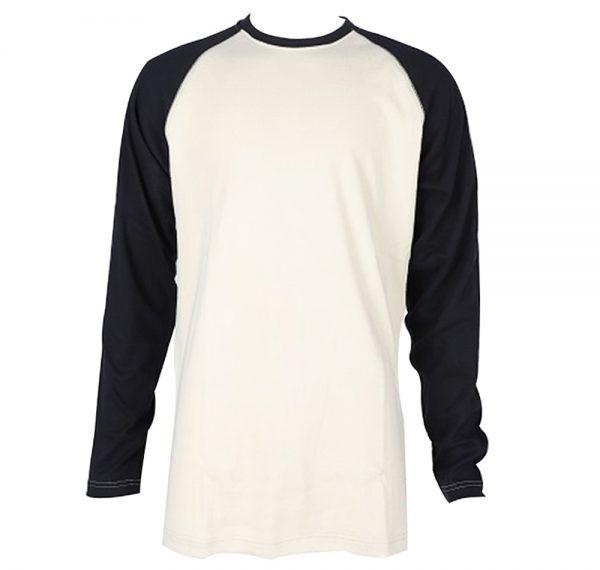 The ForgeFR Men's FR Baseball Tee, model MLFRBBT0021, showcases a cream-colored body with black sleeves for a fashionable appearance, while adhering to NFPA 2112 standards. With an ATPV of 11 cal/cm², it delivers crucial protection for those focused on safety.