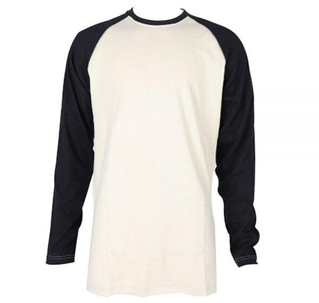 Introducing the ForgeFR Men's FR Baseball Tee (Model: MLFRBBT0021), a stylish long-sleeve shirt featuring a cream-colored body and black raglan sleeves. Designed to meet NFPA 2112 standards and boasting an ATPV of 11 cal/cm², this tee effortlessly combines safety and style on a simple white backdrop.