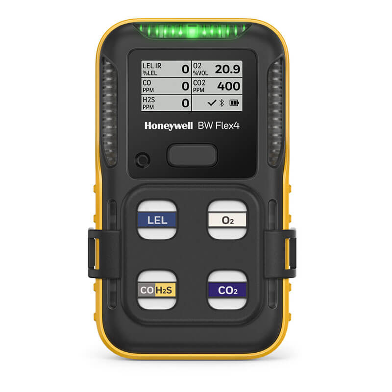 The Honeywell BW Flex4 4-Gas Detector by BW Technologies features a yellow and black casing, four labeled buttons (LEL, O₂, CO/H₂S, CO₂), and a screen showing gas concentration readings. It’s portable for easy monitoring.