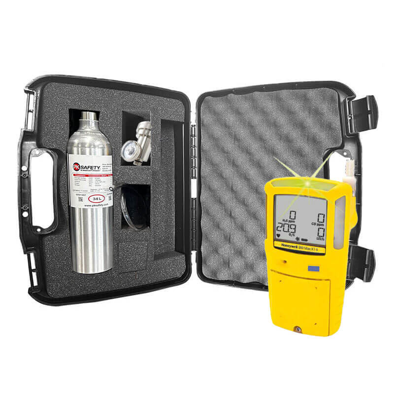 The BW Technologies by Honeywell GasAlert Max XT II Bundle includes a yellow portable multi-gas detector and a black case with a gas canister and fittings—ideal for confined space entry.