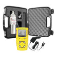 The PK Safety BW GasAlert MicroClip XL Confined Space Kit includes a yellow 4-gas monitor, metal calibration cylinder, charger, cables, and accessories, all housed in a black foam-lined carrying case for confined space safety.
