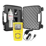 The PK Safety BW GasAlert MicroClip XL Confined Space Kit includes a yellow 4-gas monitor, metal calibration cylinder, charger, cables, and accessories, all housed in a black foam-lined carrying case for confined space safety.