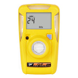 The BW Clip 2 Year SO2  Single Gas Detector by PK Safety Supply is a sulfur dioxide detector in yellow, featuring a digital display that shows "24 MM" and "SO2." It includes a round sensor and prominently displays the BW Clip label at the bottom.