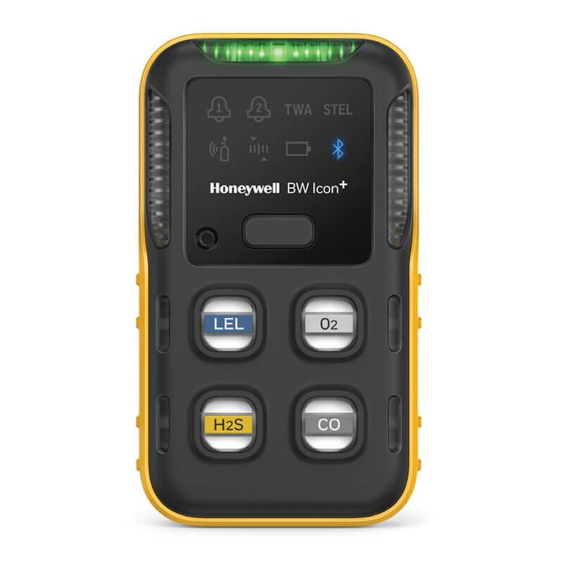 The BW Honeywell Honeywell BW Icon+ Multi-Gas Detector is a compact device equipped with a digital display and buttons for LEL, O2, H2S, and CO. Its yellow and black casing highlights its reliability and safety as a dependable four-gas detector from a trusted brand.