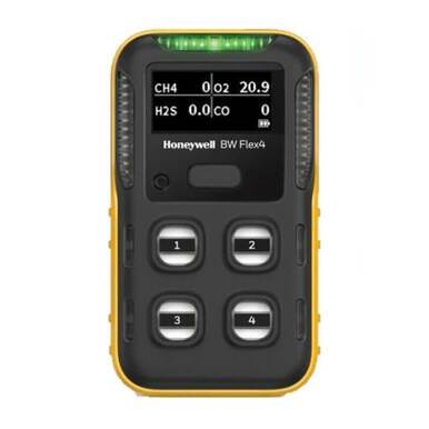 The BW Honeywell BW Flex4 4-Gas Detector, equipped with advanced gas sensors, features a striking yellow and black design. Its screen provides measurements for CH4, H2S, O2, and CO, while four numbered buttons below the display allow for easy operation.