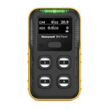 The BW Honeywell BW Flex4 4-Gas Detector, equipped with advanced gas sensors, features a striking yellow and black design. Its screen provides measurements for CH4, H2S, O2, and CO, while four numbered buttons below the display allow for easy operation.