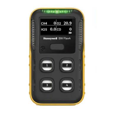 A BW Honeywell BW Flex4 4-Gas Detector, featuring a yellow casing and black front panel, showcases a digital screen that displays gas levels, four sensors numbered 1 to 4, and proudly bears the iconic Honeywell logo.