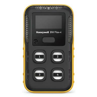 The Honeywell BW Flex4 4-Gas Detector by BW Honeywell features a bright yellow casing and a stylish black front panel. It is equipped with a compact screen, a single button for user-friendly operation, and four highly sensitive gas sensor ports numbered 1 through 4 for thorough monitoring.