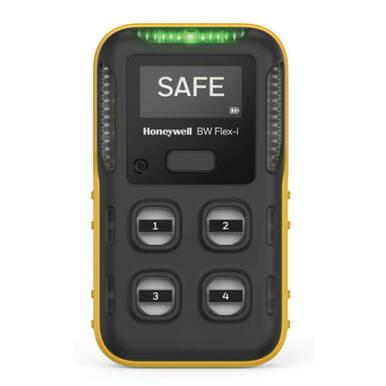 The BW Honeywell BW Flex4 4-Gas Detector features a modern black and yellow design with advanced gas sensors. Its display shows "SAFE," it has four numbered buttons, and a green indicator light at the top enhances usability.