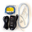 On a white surface, there is an assortment of items including a coiled blue CAT 6 cable, a black power adapter with cords, clear hoses, plastic connectors, and small washers. Among them is the BW IntelliDoX Enabler Kit DX-ENBL-NA from PK Safety Supply for streamlined device management.