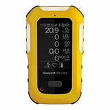 The BW Honeywell BW Ultra Five-Gas Portable Gas Detector HU-X1W1H1M1 is a yellow device that displays readings for oxygen, LEL, carbon monoxide, hydrogen sulfide, and VOC levels. Ideal for confined spaces, its screen shows various numerical values and alerts.