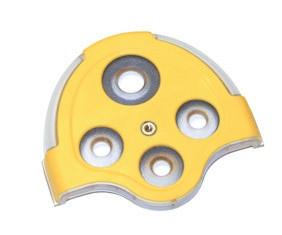 The BW Honeywell Micro 5 Replacement Diffusion Cover, a yellow semicircular plastic part, features four circular openings with metal rings and a small central screw. Its slightly curved outer edges with gray accents make it an ideal match for the GasAlert Micro 5 diffusion monitor.