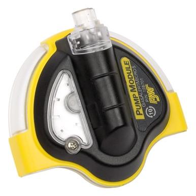 The BW Honeywell GasAlert Micro 5 Sampling Pump features a yellow and black design with a transparent section revealing its internal components, including a needle indicator dial and a prominent cylindrical part. The label identifies it as the "BW Honeywell GasAlert Micro 5 Sampling Pump," making it an ideal choice for use with GasAlert Micro 5 monitors, along with specifications for optimal performance.