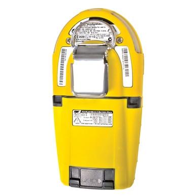 The BW Honeywell GasAlert Micro 5 Multi-Gas Monitor M5-XW0Y-R, designed in yellow for industrial use, is equipped with a digital display and multiple buttons to ensure efficient workplace safety monitoring. It features a durable casing with barcode labels and includes a small grey battery cover at the bottom.