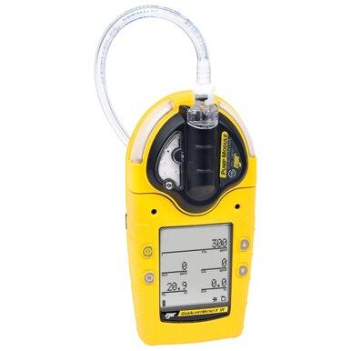 The BW Honeywell GasAlert Micro 5 IR Multi-Gas Monitor (Model: M5IR-XWBY-R) is a yellow detector equipped with an infrared sensor, featuring a digital display and attached hose. The display provides various numerical readings, making it ideal for measuring gas levels in confined spaces.