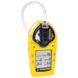 The BW GasAlert Micro 5 IR Multi-Gas Monitor M5IR-XWBY-R by BW Honeywell is a yellow, handheld device equipped with a digital display for various numerical readings. Ideal for use in confined spaces, it includes an infrared sensor, a clear sampling tube at the top, operational buttons, and boasts a rugged exterior design.