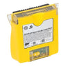 A BW Honeywell Quattro Lithium Polymer Battery Pack in yellow includes a white label with technical details and safety information. The battery, by BW Honeywell, features a clear top section that reveals the connectors, offering both transparency and reliability.