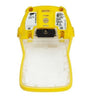 A handheld device, resembling a BW Honeywell replacement, is yellow with an open battery compartment. The interior of the BW Honeywell Quattro Replacement Back Enclosure mostly consists of clear plastic, and labels and specifications are visible on the top section.