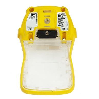 The BW Honeywell Quattro Replacement Back Enclosure is a yellow electronic device with a white panel and labels, featuring a black battery compartment and two circular yellow sections at the top. This model serves as an effective gas monitor for Honeywell replacement requirements.