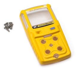 The BW Honeywell Max XT II Replacement Front Enclosure, a compact yellow handheld gas monitor featuring a screen and four circular sensor openings, sits beside a small pile of screws.