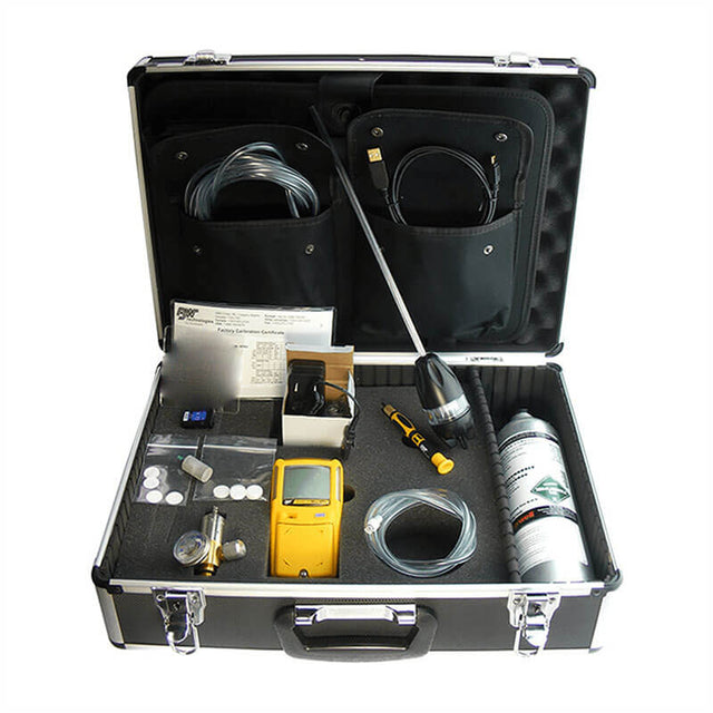 The BW Technologies by Honeywell GasAlert Max XT II Complete Confined Space Kit (XT-XWHM-Y-NA-CS) includes a yellow handheld gas monitor, cables, flashlight, calibration gas cylinder, batteries, and accessories, organized in a black foam-lined case.
