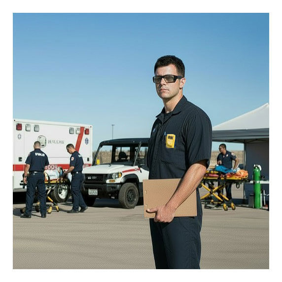 A man in uniform with a clipboard stands before emergency responders and an ambulance aiding a patient on a stretcher, while the BW Technologies by Honeywell BW Clip 2 Year CO Single Gas Detector BWC2-M ensures safety nearby. Emergency gear is visible in the background.