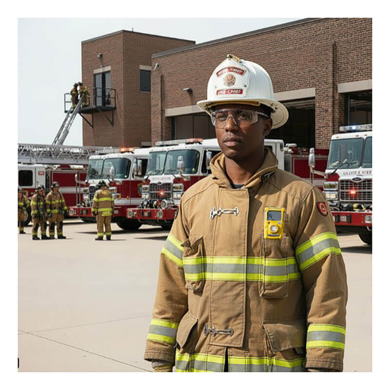 A firefighter wearing the BW Technologies by Honeywell BW Clip 2 Year CO Single Gas Detector BWC2-M stands before fire trucks and a brick station; nearby, other firefighters, including one on a ladder to an upper window, are gathered.