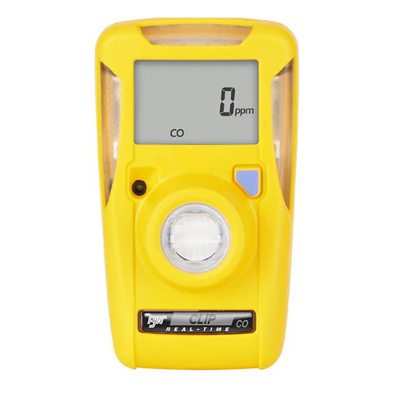 The BW Clip Real Time CO Detector by BW Technologies features a yellow design, digital display showing "CO" and "0 ppm," with a central circular sensor and labeled buttons below. This maintenance-free device ensures safety without hassle.
