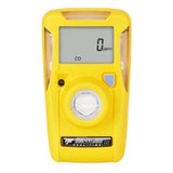 The BW Clip Real Time CO Detector by BW Technologies features a yellow design, digital display showing "CO" and "0 ppm," with a central circular sensor and labeled buttons below. This maintenance-free device ensures safety without hassle.