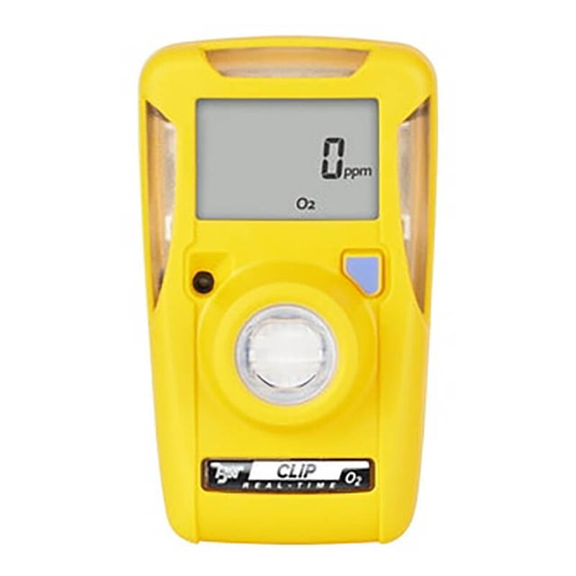 The BW Clip Real Time 2 Year O2 Detector (BWC2R-X) by BW Technologies, Honeywell, measures oxygen levels between 19.5-23.5% vol in real-time with a digital display reading "0 ppm" and an "O₂" label for safety. It has buttons and indicators designed for a single gas detection mode.