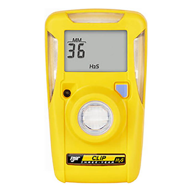 The PK Safety Supply BW Clip 3 Year H2S 10-15 Single Gas Detector BWC3-H, maintenance-free and efficient in yellow, displays "36 MM" for hydrogen sulfide on its screen. It features a round center sensor and is labeled "Clip" at the bottom, guaranteeing reliable gas detection.