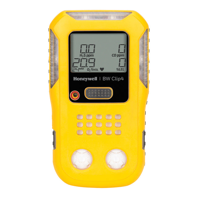 The yellow BW Clip4 4-Gas Detector BWC4-Y-N by BW comes with a digital display that shows gas levels in ppm. This compact monitor includes two sensors at the bottom and several buttons on the front for easy operation.