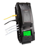 A BW IntelliDoX Docking Station for BW Clip4 DX-BWC4 in black, featuring a display screen and multiple ports. The station is connected with cables, including a yellow network cable and three white cables. There are controls and an additional screen at the bottom for efficient automated instrument management.