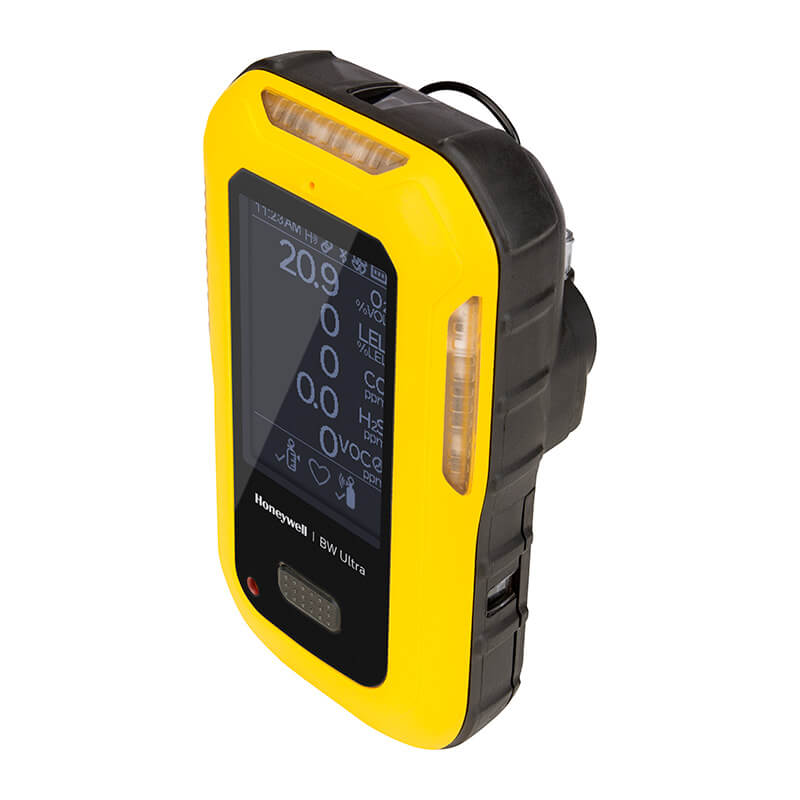 The BW Technologies by Honeywell BW Ultra Five-Gas Portable Gas Detector HU-X1W1H1M1 features a large display with gas readings and icons, making it ideal for use as a confined space gas monitor.