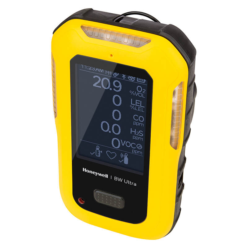 The BW Technologies by Honeywell BW Ultra Five-Gas Portable Gas Detector HU-X1W1H1M1 displays O₂, LEL, CO, H₂S, and VOC levels on a digital screen—ideal for confined space monitoring.