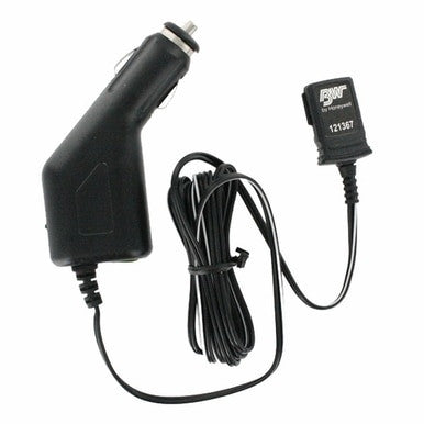 A sleek black BW Honeywell Vehicle Power Adapter GA-VPA-1 featuring a coiled wire and labeled with "BW" and "121387." This compact design ensures compatibility with BW Technologies, making it perfect for use as a GasAlert vehicle charger. Ideal for those needing multi-gas detector support on the road.