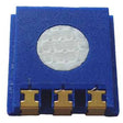 An up-close view captures a small, square electronic component that looks like the BW GasAlertMax XT II and MicroClip XT Replacement H2S Sensor SR-H-MC by PK Safety Supply. The sensor is designed with a blue casing, a circular white section on top, and three gold connectors visible on one side.