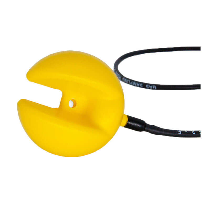 The WatchGas Ball Float (Tubing NOT Included) SST-BALL-FLOAT is a yellow, round plastic sensor with an open slot and central hole, attached to a black cable, for use in confined space clearance with the WatchGas gas detection system.