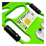 Close-up of a bright green Frontline Guardrails 56 lbs Base GUB56 by Frontline Fall Protection, featuring a label with safety instructions, warning symbols, and two black handles on either side.