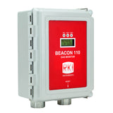The RKI Beacon 110 Single Channel Wall Mount Fixed Systems Controller by RKI Instruments is a rectangular gray unit with a red front panel, "METHANE" display, indicator lights, and a reset button.