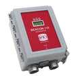 The RKI Instruments Beacon 110 Single Channel Wall Mount Fixed Systems Controller is gray and red, featuring a small digital display, labeled buttons, and two bottom cable connectors in a rectangular enclosure.