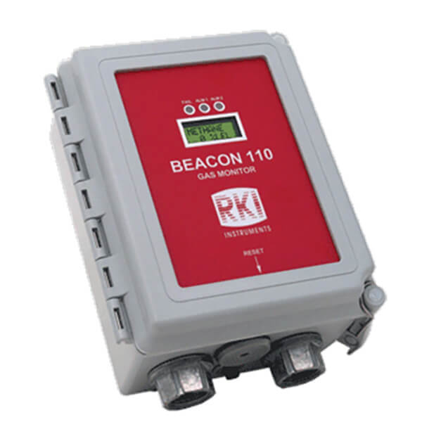 The RKI Instruments Beacon 110 Single Channel Wall Mount Fixed Systems Controller is gray and red, featuring a small digital display, labeled buttons, and two bottom cable connectors in a rectangular enclosure.