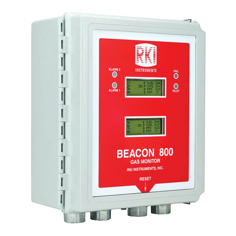 An RKI Instruments Beacon 800 Eight Channel Fixed System Gas Detection Controller with a red front panel, dual digital displays, indicator lights, and labeled buttons, housed in a light gray NEMA 4X enclosure.