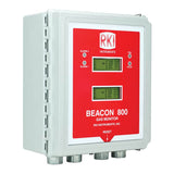 An RKI Instruments Beacon 800 Eight Channel Fixed System Gas Detection Controller with a red front panel, dual digital displays, indicator lights, and labeled buttons, housed in a light gray NEMA 4X enclosure.