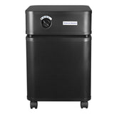 The Austin Air Systems Bedroom Machine B402 is a black air purifier with a control knob, air vents, and four caster wheels featuring a military-grade HEGA filter for advanced filtration.